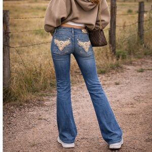 MISS ME Mid-Rise Bootcut Jeans Embellished Back Pockets Size 30
